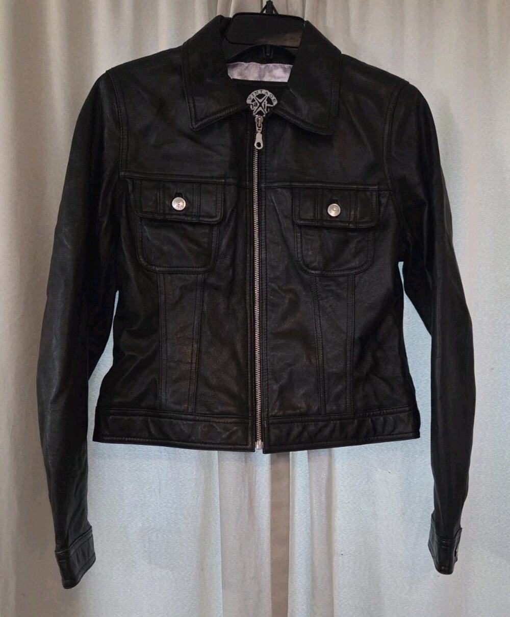 Vintage Wilsons Leather Maxima Jacket Women Medium Black Cropped Star Zip 90s
